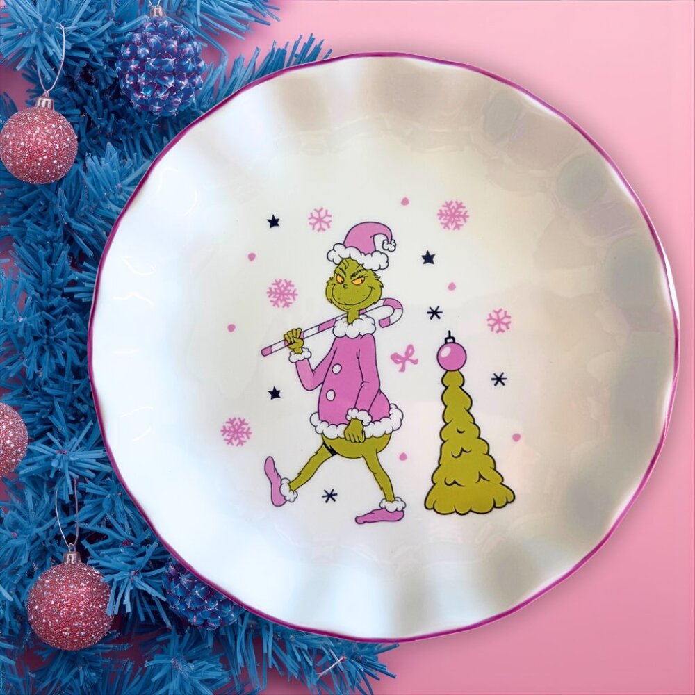Pink Grinch Christmas Dessert Plate 8” Ceramic Coquette Holiday Pinkmas Pastel